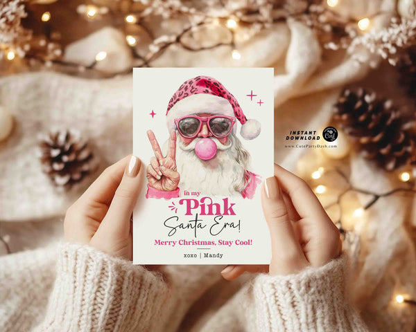 In My Pink Santa Era Christmas Card Printable INSTANT DOWNLOAD, Editable Retro Printable Holiday Greetings Merry Christmas Card