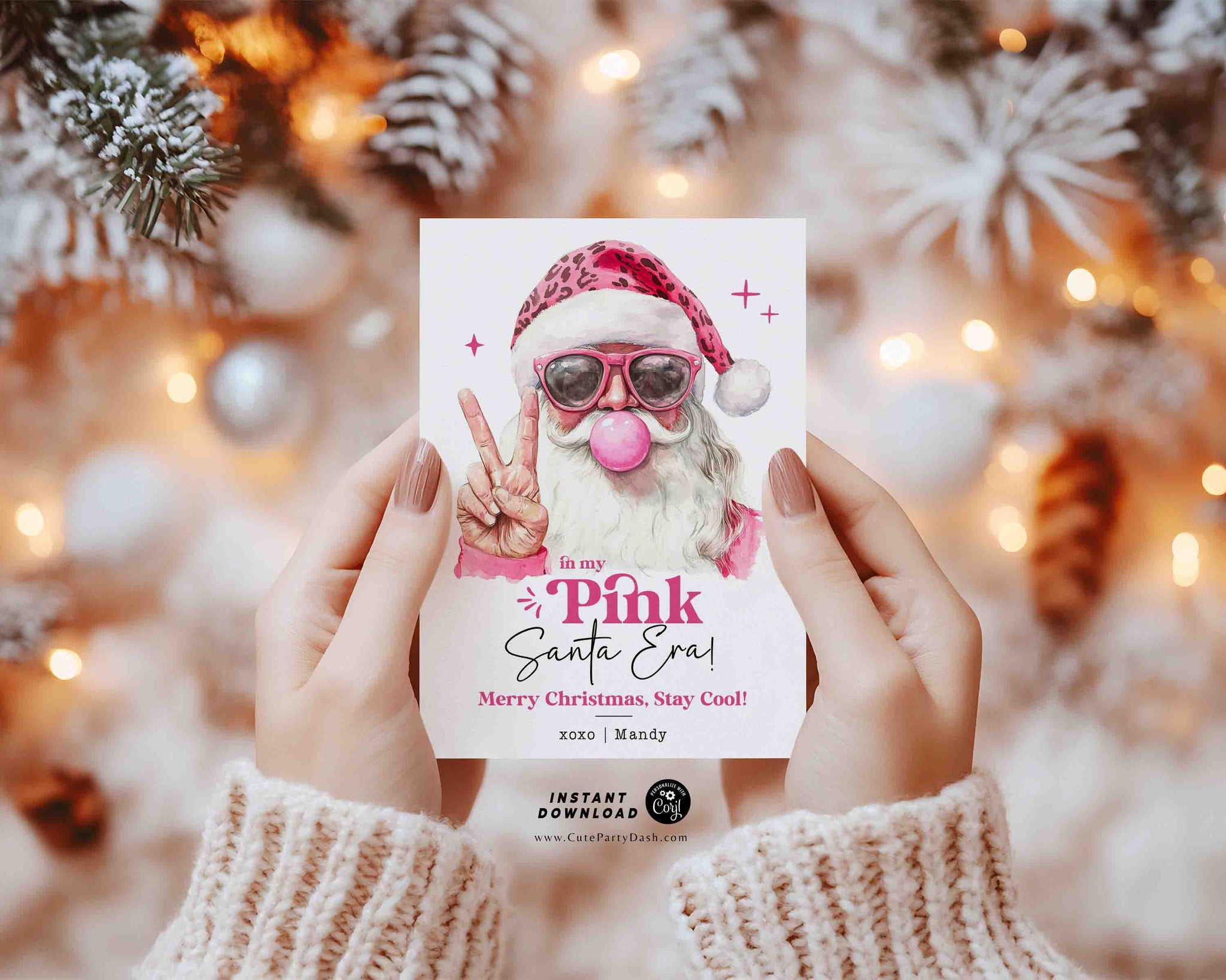 In My Pink Santa Era Christmas Card Printable INSTANT DOWNLOAD, Editable Retro Printable Holiday Greetings Merry Christmas Card