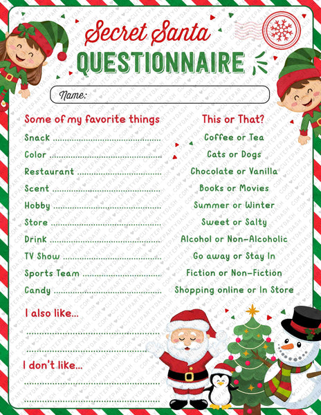 Christmas Secret Santa Questionnaire Printable Secret Santa Form for Work Holidays Wish List Gift Exchange Questions INSTANT DOWNLOAD