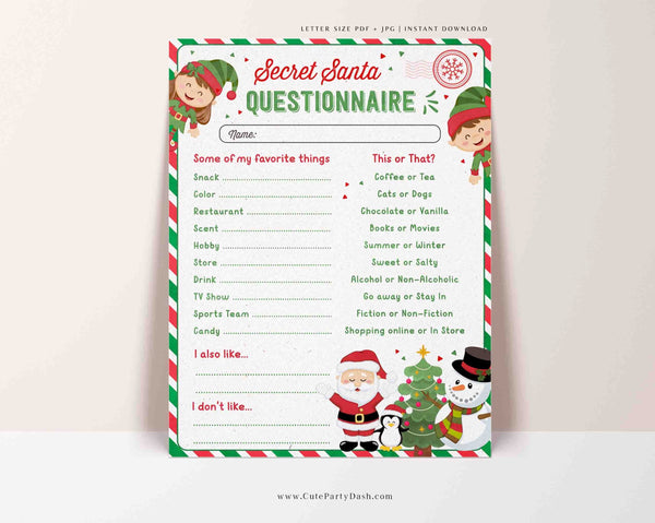 Christmas Secret Santa Questionnaire Printable Secret Santa Form for ...
