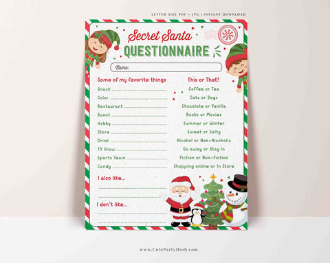 Christmas Secret Santa Questionnaire Printable Secret Santa Form for Work Holidays Wish List Gift Exchange Questions INSTANT DOWNLOAD