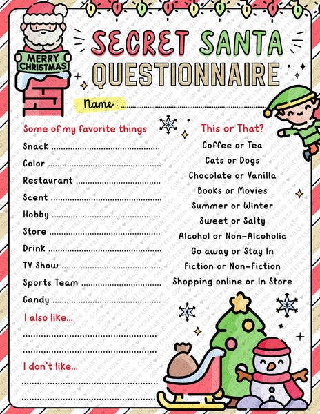 Christmas Secret Santa Questionnaire Printable Secret Santa Form for Work Holidays Wish List Gift Exchange Questions INSTANT DOWNLOAD