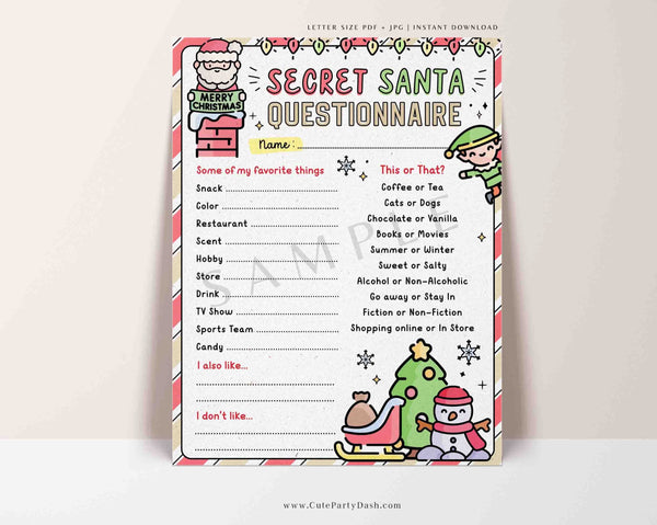 Christmas Secret Santa Questionnaire Printable Secret Santa Form for Work Holidays Wish List Gift Exchange Questions INSTANT DOWNLOAD