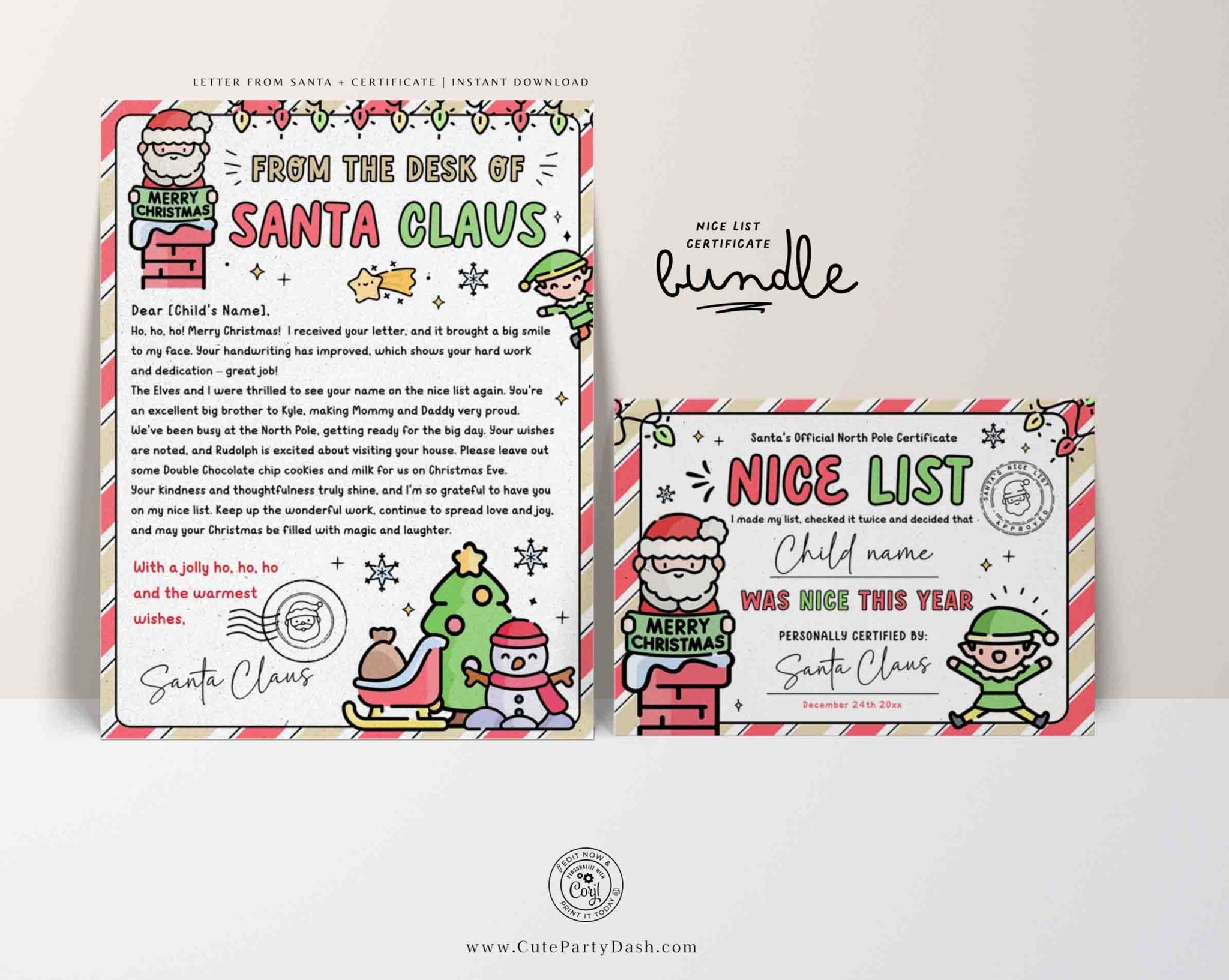 EDITABLE Official Letter from Santa Claus Nice List Certificate Bundle INSTANT DOWNLOAD Christmas eve box Printable Santa North Pole Mail