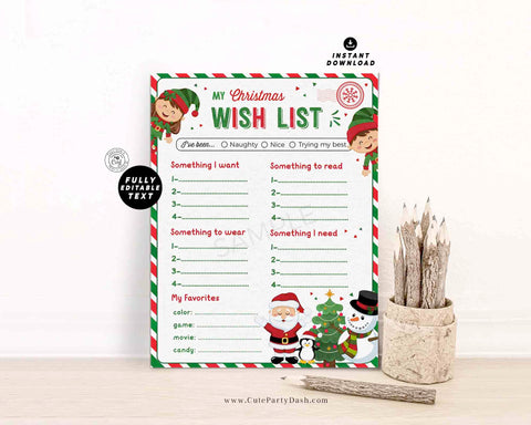 EDITABLE Christmas Wish List for kids Printable INSTANT DOWNLOAD Holidays Wish List template Santa Wish List, Letter to Santa, Boy Girl 600