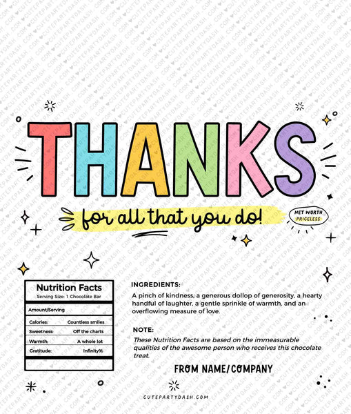 Thank You Gift Chocolate Bar Wrapper INSTANT DOWNLOAD Teacher Week Appreciation Gift Idea Coach Staff Printable Candy Bar Wrappers Editable