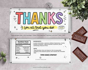 Thank You Gift Chocolate Bar Wrapper INSTANT DOWNLOAD Teacher Week Appreciation Gift Idea Coach Staff Printable Candy Bar Wrappers Editable