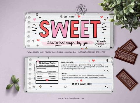 Teacher Valentines Day Gift Chocolate Bar Wrapper Printable INSTANT DOWNLOAD Teacher Week Appreciation Gift Idea Candy Bar Tag Editable