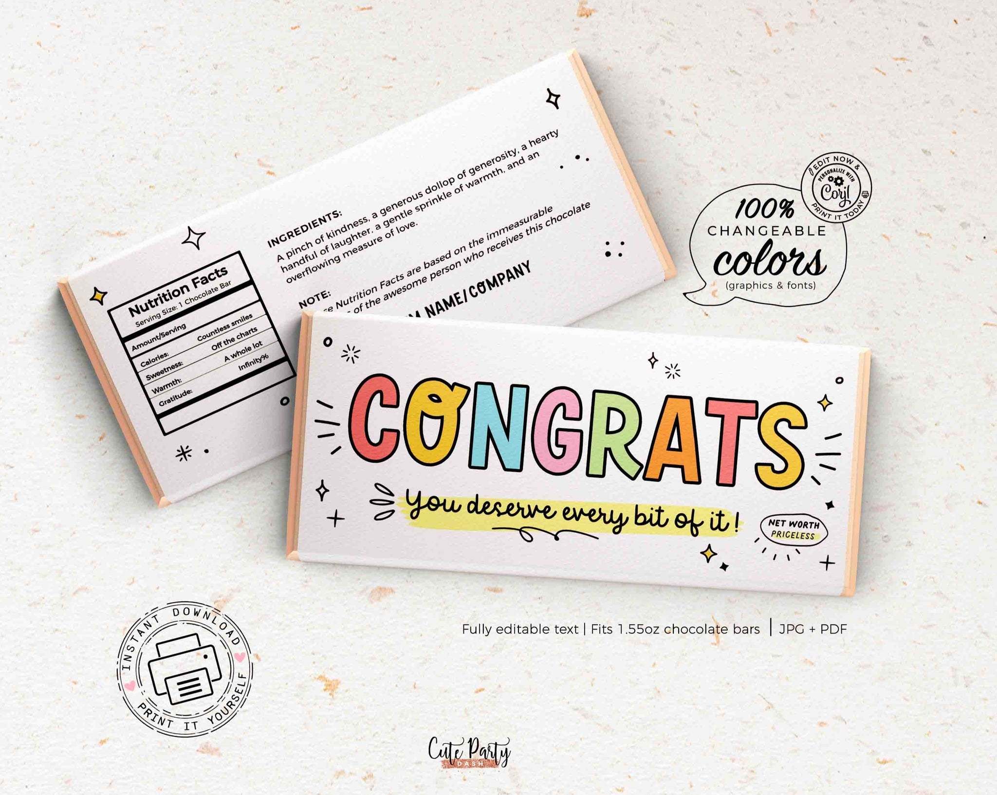 Congratulations Gift Chocolate Bar Wrapper INSTANT DOWNLOAD Teacher Week Appreciation Gift Idea Coach Staff Printable Candy Bar Editable