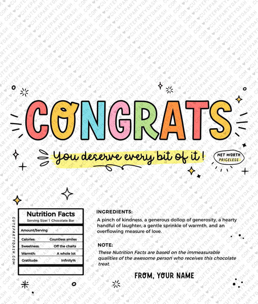 Congratulations Gift Chocolate Bar Wrapper INSTANT DOWNLOAD Teacher Week Appreciation Gift Idea Coach Staff Printable Candy Bar Editable