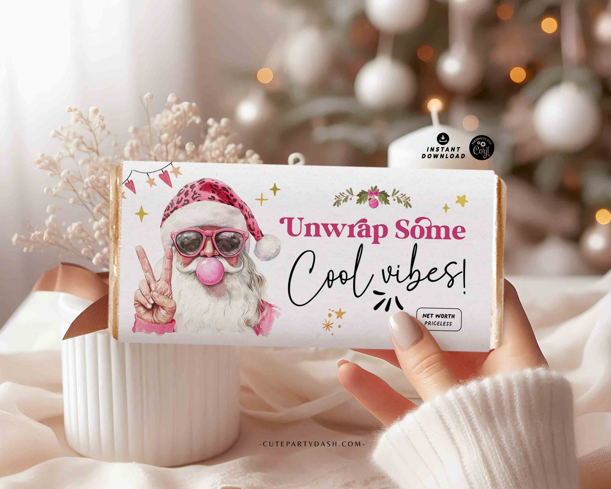 Retro Pink Santa Christmas Gift Chocolate Bar Wrapper printable INSTANT DOWNLOAD Happy Holidays Gift idea for Friend Funny Editable