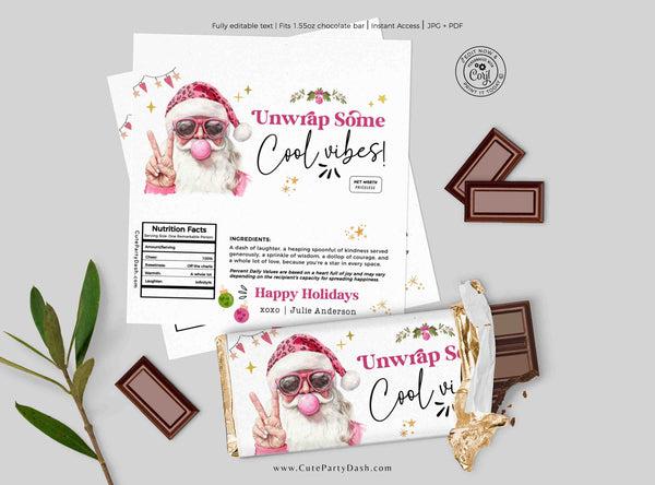 Retro Pink Santa Christmas Gift Chocolate Bar Wrapper printable INSTANT DOWNLOAD Happy Holidays Gift idea for Friend Funny Editable