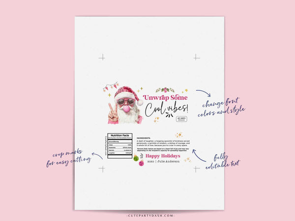 Retro Pink Santa Christmas Gift Chocolate Bar Wrapper printable INSTANT DOWNLOAD Happy Holidays Gift idea for Friend Funny Editable