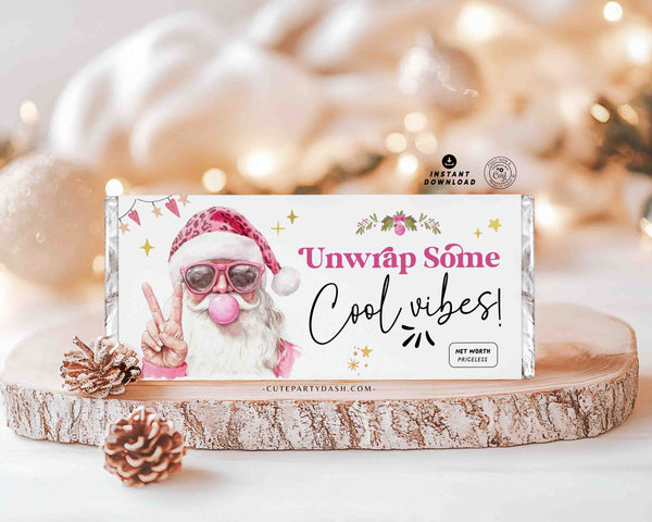 Retro Pink Santa Christmas Gift Chocolate Bar Wrapper printable INSTANT DOWNLOAD Happy Holidays Gift idea for Friend Funny Editable