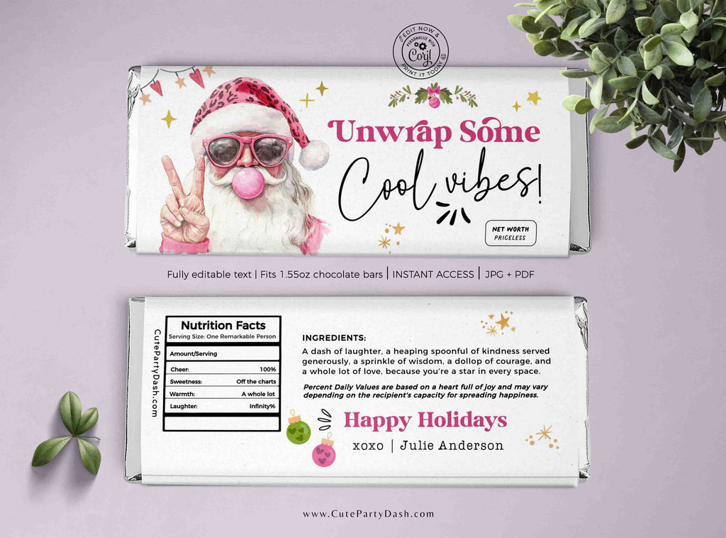 Gift Raper Santa Retro Pink Santa Christmas Gift Chocolate Bar Wrapper printable INSTANT ...
