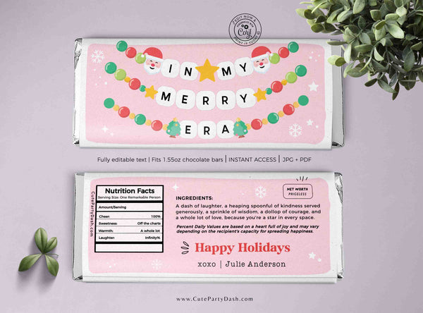 In My Merry Era Christmas Gift Chocolate Bar Wrapper printable INSTANT DOWNLOAD Happy Holidays Favor Trendy Gift idea Friendship Bracelet