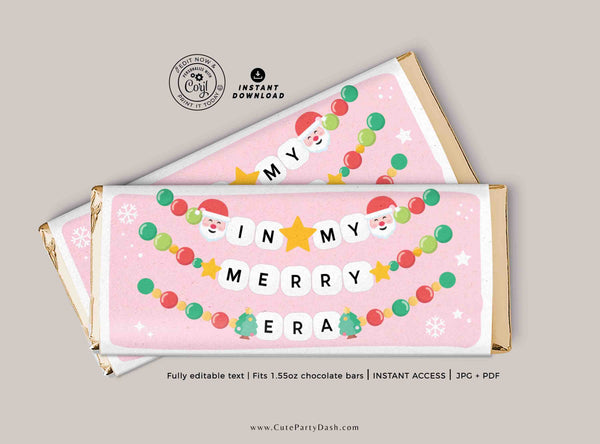 In My Merry Era Christmas Gift Chocolate Bar Wrapper printable INSTANT DOWNLOAD Happy Holidays Favor Trendy Gift idea Friendship Bracelet