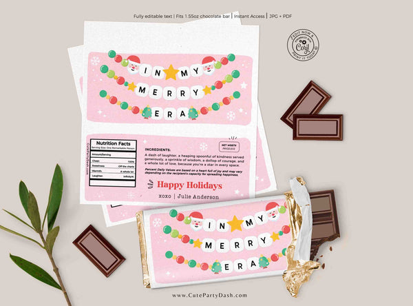 In My Merry Era Christmas Gift Chocolate Bar Wrapper printable INSTANT DOWNLOAD Happy Holidays Favor Trendy Gift idea Friendship Bracelet