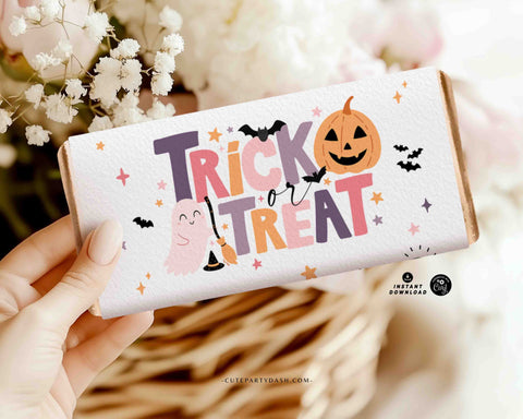 Printable Halloween Chocolate Bar Wrapper, Trick or Treat Candy Wrapper, Cute Ghost & Pumpkin Pastel Design | Instant Download Party Favor