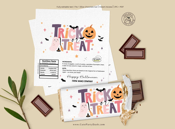 Printable Halloween Chocolate Bar Wrapper, Trick or Treat Candy Wrapper, Cute Ghost & Pumpkin Pastel Design | Instant Download Party Favor