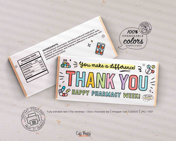 Pharmacy Week Appreciation Gift Idea INSTANT DOWNLOAD Printable RX Pharmacy Team Candy Bar Wrappers Editable Thank You Gift Pharmacy Techs