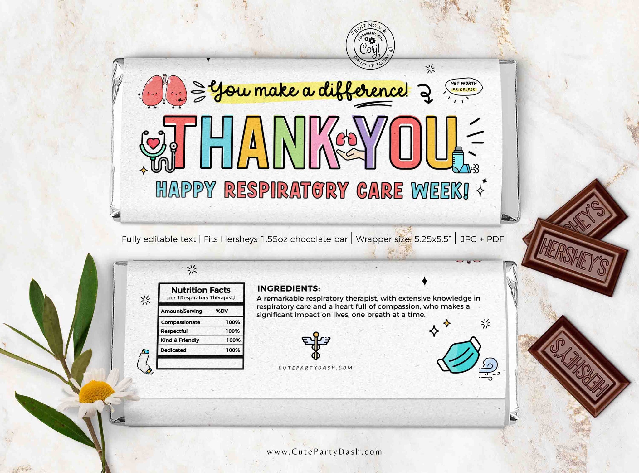 Respiratory Therapist Appreciation Gift Idea INSTANT DOWNLOAD Printable RT Thank you Candy Bar Wrappers Editable Respiratory Care Week Gift