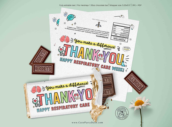 Respiratory Therapist Appreciation Gift Idea INSTANT DOWNLOAD Printable RT Thank you Candy Bar Wrappers Editable Respiratory Care Week Gift