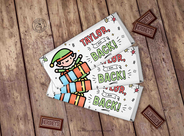 Christmas Elf I'm Back Chocolate Wrapper Printable INSTANT DOWNLOAD Editable Christmas Elf treat kit chocolate Candy bar label template FECH