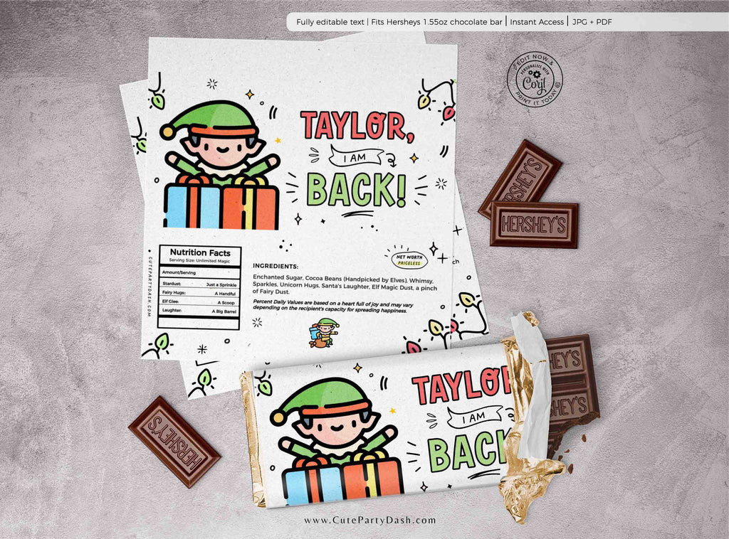 Template Christmas Rapper Christmas Elf I'm Back Chocolate Wrapper Printable – Cute Party Dash