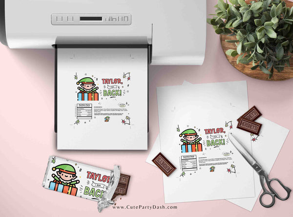 Christmas Elf I'm Back Chocolate Wrapper Printable INSTANT DOWNLOAD Editable Christmas Elf treat kit chocolate Candy bar label template FECH