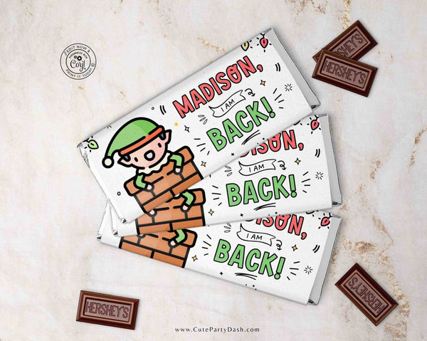 Christmas Elf I'm Back Chocolate Wrapper Printable INSTANT DOWNLOAD Editable Christmas Elf treat kit chocolate Candy bar label template FECH