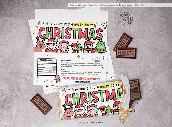 Christmas Gift Chocolate Bar Wrapper Template Printable INSTANT DOWNLOAD Happy Holidays Merry Christmas Gift for Friend teacher team FECH