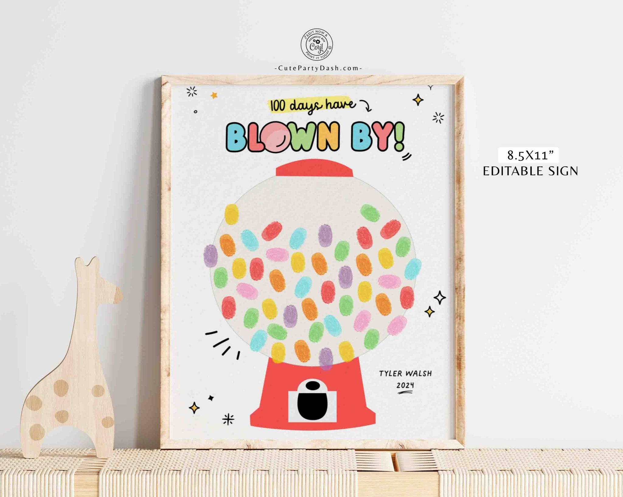 Editable 100th Day of School Handrpint Classroom Activity Printable INSTANT DOWNLOAD 100 Days of School Blown By Fingerprint craft Gumball