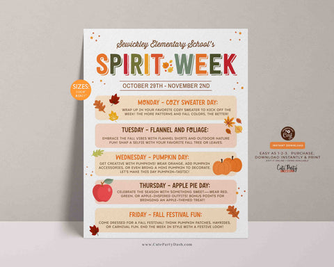 Editable Fall Spirit Week Sign Printable INSTANT DOWNLOAD School Fall Spirit Week Template Corjl Poster, Flyer, Itinerary Event Planner