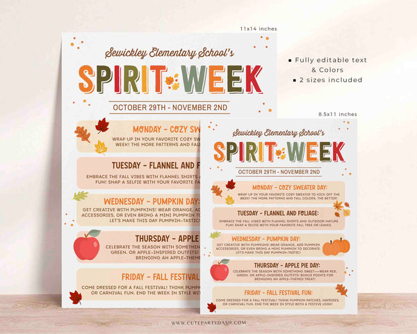 Editable Fall Spirit Week Sign Printable INSTANT DOWNLOAD School Fall Spirit Week Template Corjl Poster, Flyer, Itinerary Event Planner