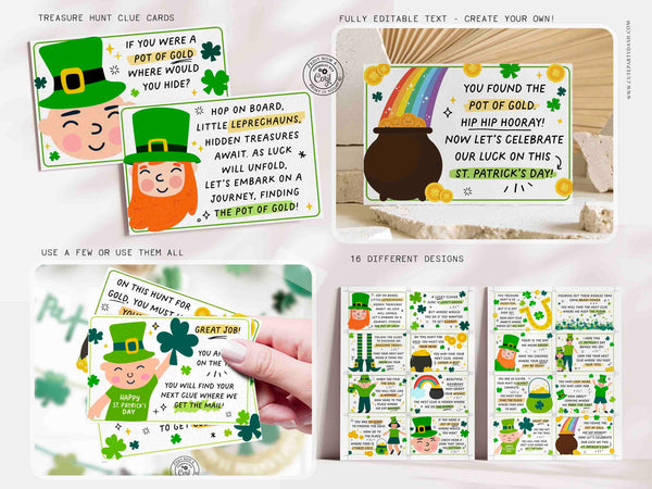 Indoor St Patrick's Day Scavenger Hunt Printable Bundle INSTANT DOWNLOAD Editable Leprechaun St Patricks Game for Kids Treasure Hunt Clues