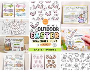 Outdoor Easter Egg Hunt Printable Bundle INSTANT DOWNLOAD Editable Easter Scavenger Hunt Game for Kids Activity Treasure Hunt Clues Bunny