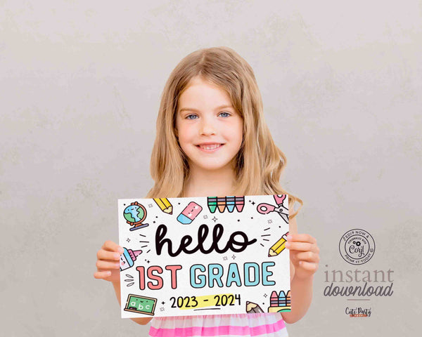 Editable First Day of school Sign INSTANT DOWNLOAD, EDITABLE Boy Girl Back to school Printable corjl chalkboard Hello digital download