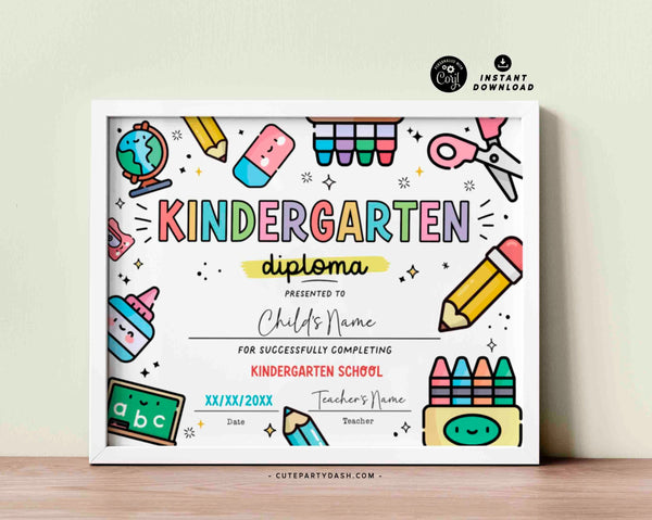 Kindergarten Graduation Diploma Printable INSTANT DOWNLOAD Elementary School Graduation Certificate Sign End of school year graduation