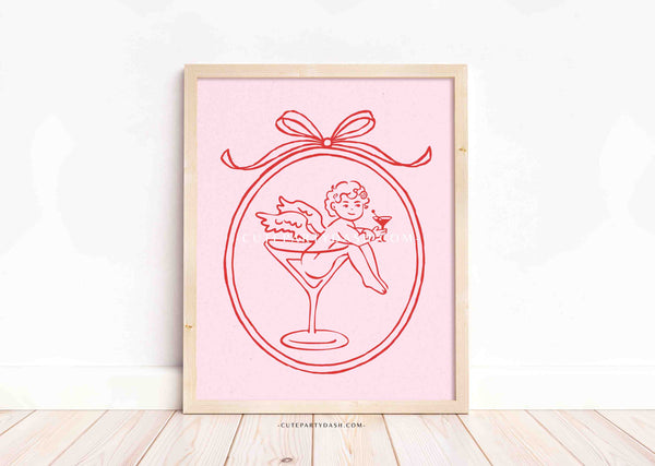 Coquette Valentine Cupid Martini PNG | Funny Galentine’s Day Cocktail | Retro Line Art | Trendy Valentine Shirt Design