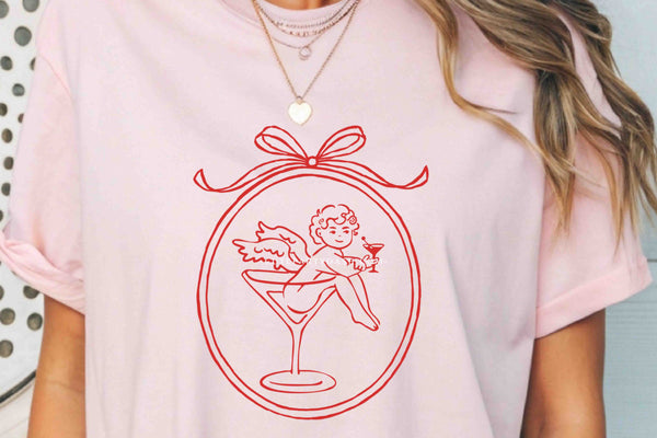 Coquette Valentine Cupid Martini PNG | Funny Galentine’s Day Cocktail | Retro Line Art | Trendy Valentine Shirt Design
