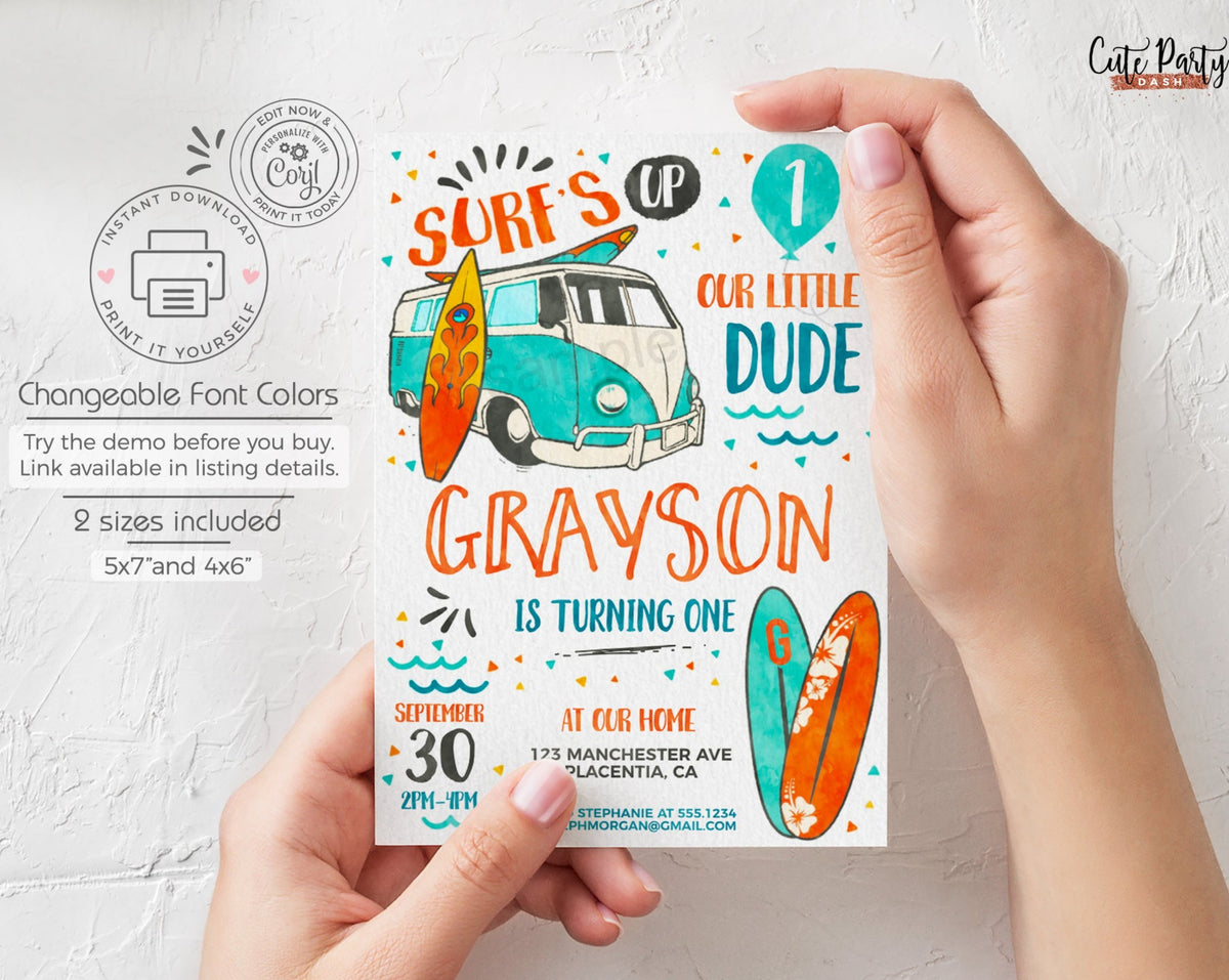 Surf Birthday invitation Template Editable Printable Surf's Up Party I ...