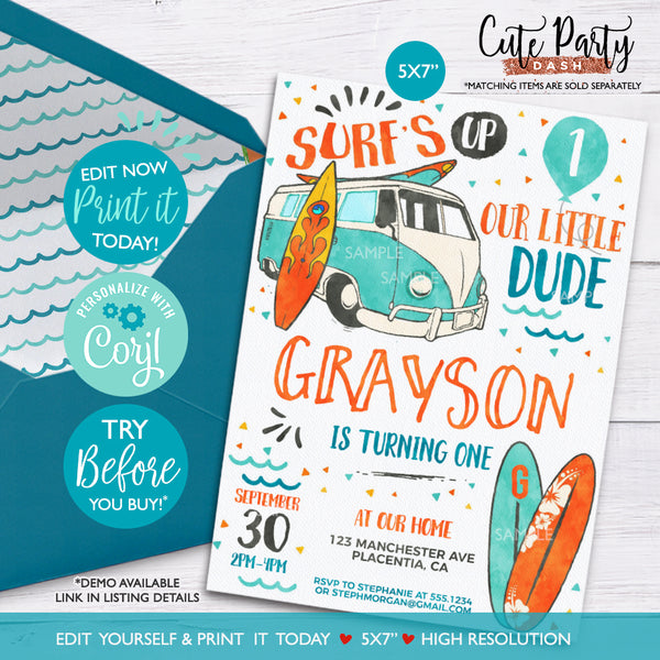 Surf Birthday invitation Template Editable Printable Surf's Up Party Invite The Big One Birthday INSTANT DOWNLOAD, beach party invite 436