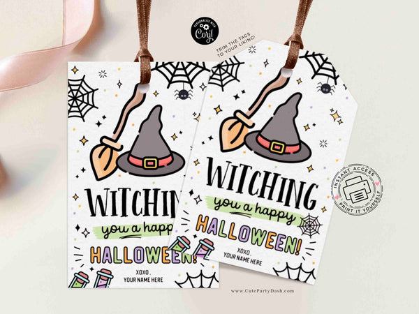 EDITABLE Witching You a Happy Halloween Gift Tag Template INSTANT DOWNLOAD Party Favor Teacher Staff Pta Pto Kids Witch Treat Candy Label