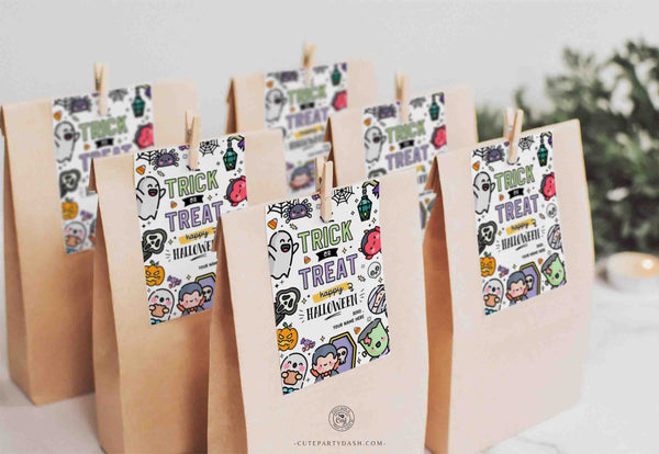 EDITABLE Trick or Treat Halloween Gift Tag Template INSTANT DOWNLOAD Happy Halloween Party Favor Teacher Printable Costume Kids Sticker