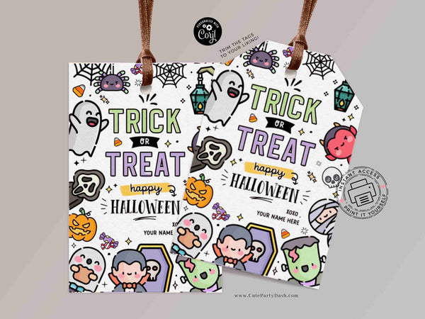 EDITABLE Trick or Treat Halloween Gift Tag Template INSTANT DOWNLOAD Happy Halloween Party Favor Teacher Printable Costume Kids Sticker