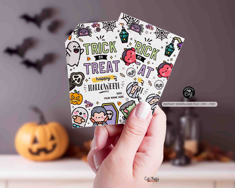 EDITABLE Trick or Treat Halloween Gift Tag Template INSTANT DOWNLOAD Happy Halloween Party Favor Teacher Printable Costume Kids Sticker