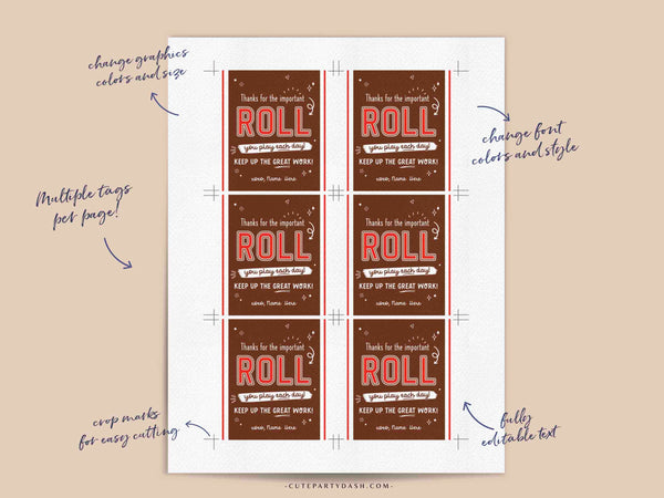 Thanks for the Important Roll You Play Tag INSTANT DOWNLOAD Editable Template Printable School Employee Staff Teacher Appreciation gift Tag