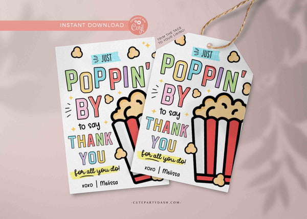 Popcorn appreciation gift tag Popcorn Thank you Teacher Staff School pto pta EDITABLE Employee Nurse Appreciation Week, INSTANT DOWNLOAD