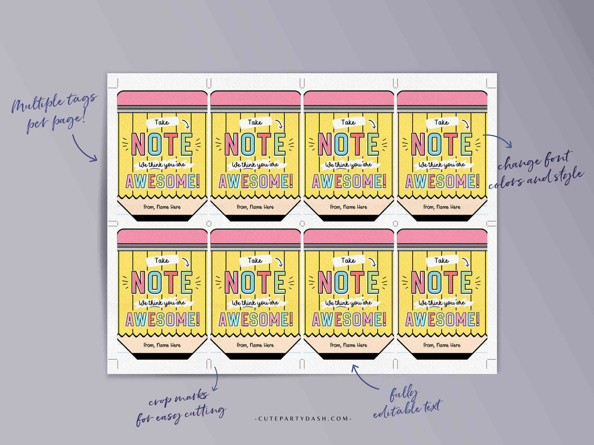 Printable Take Note You are awesome gift Tags Cute Party Dash